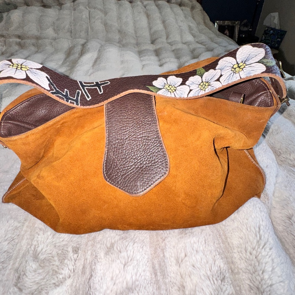 Tylie Malibu Suede Hobo in Mustard with Brown Trim and Floral Strap